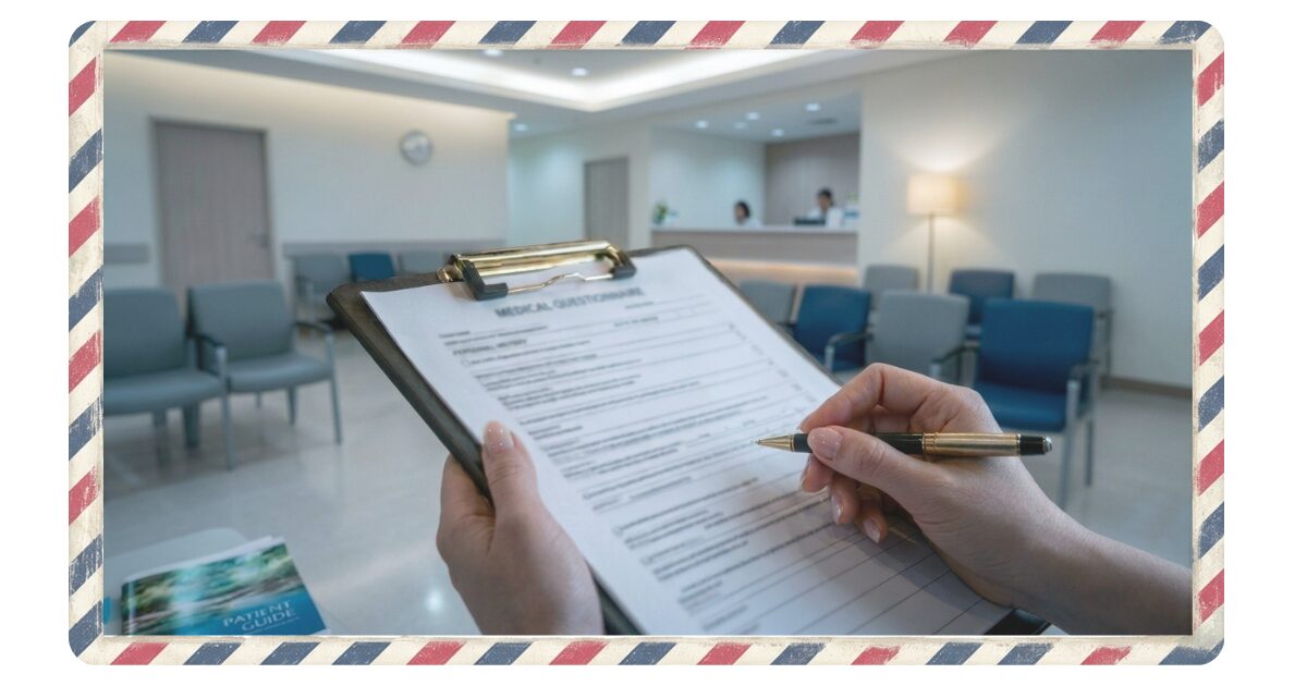 病院の待合室、女性の手にはバインダー、バインダーには英語で印字された医療用問診票、女性はボールペンを持っている