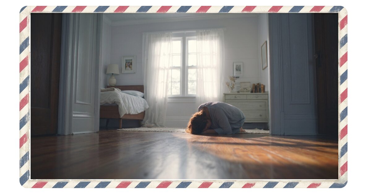 女性がアメリカ式の寝室の木製床に伏せており、顔は見えない。窓にはカーテン、自然光が差し込んでいる