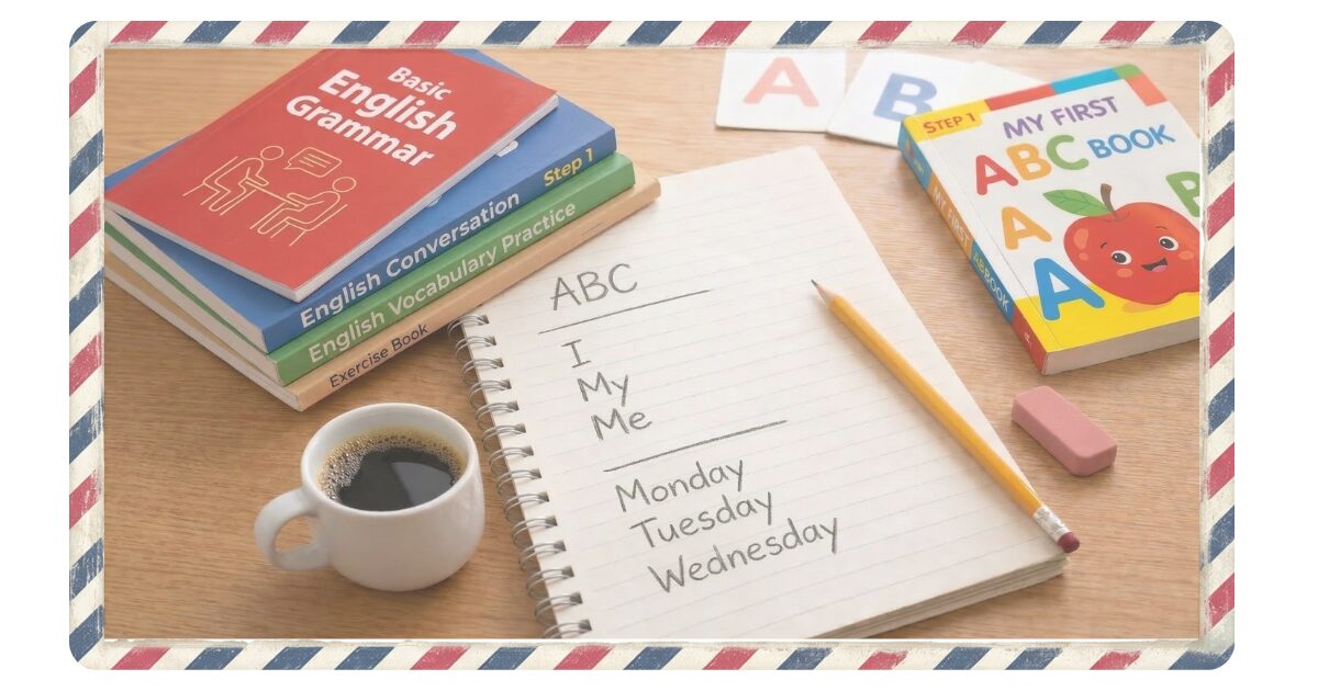 机の上に積み重ねた複数の英会話教科書、ABC絵本、
ノートに手書きされたアルファベットと曜日、鉛筆、消しゴム、コーヒーカップが木製のデスクに置かれている