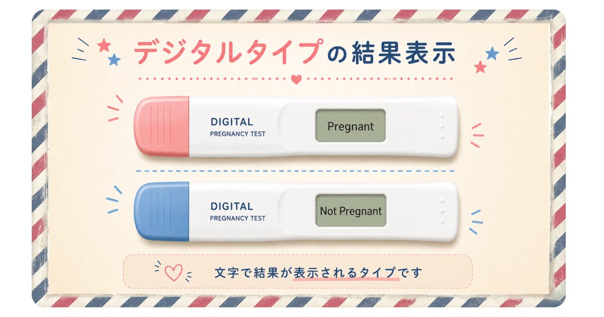 デジタルタイプのアメリカ妊娠検査薬。Pregnant（陽性）とNot Pregnant（陰性）の表示例。