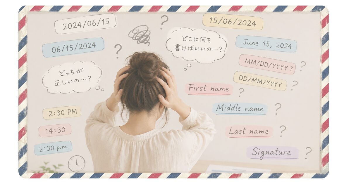 アメリカ妊婦検診の受付表と問診票を前に戸惑う女性のイメージ