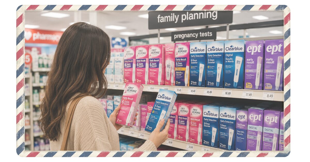 アメリカの妊娠検査薬売り場で、自分に合う検査薬を比較しながら選ぶ様子を描いたイラスト
