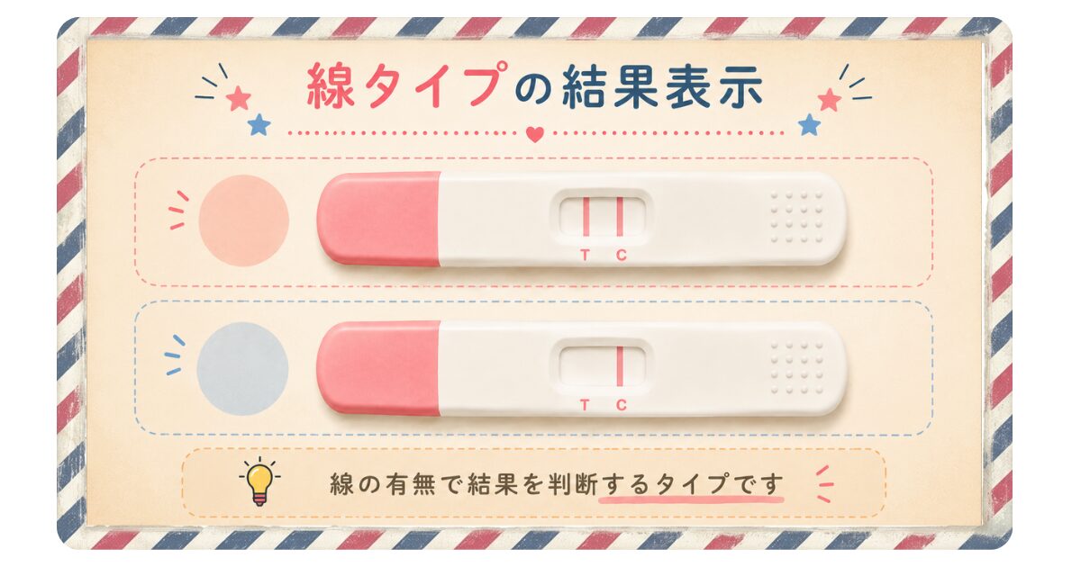 線タイプの妊娠検査薬。陽性は2本線、陰性は1本線で表示される例。