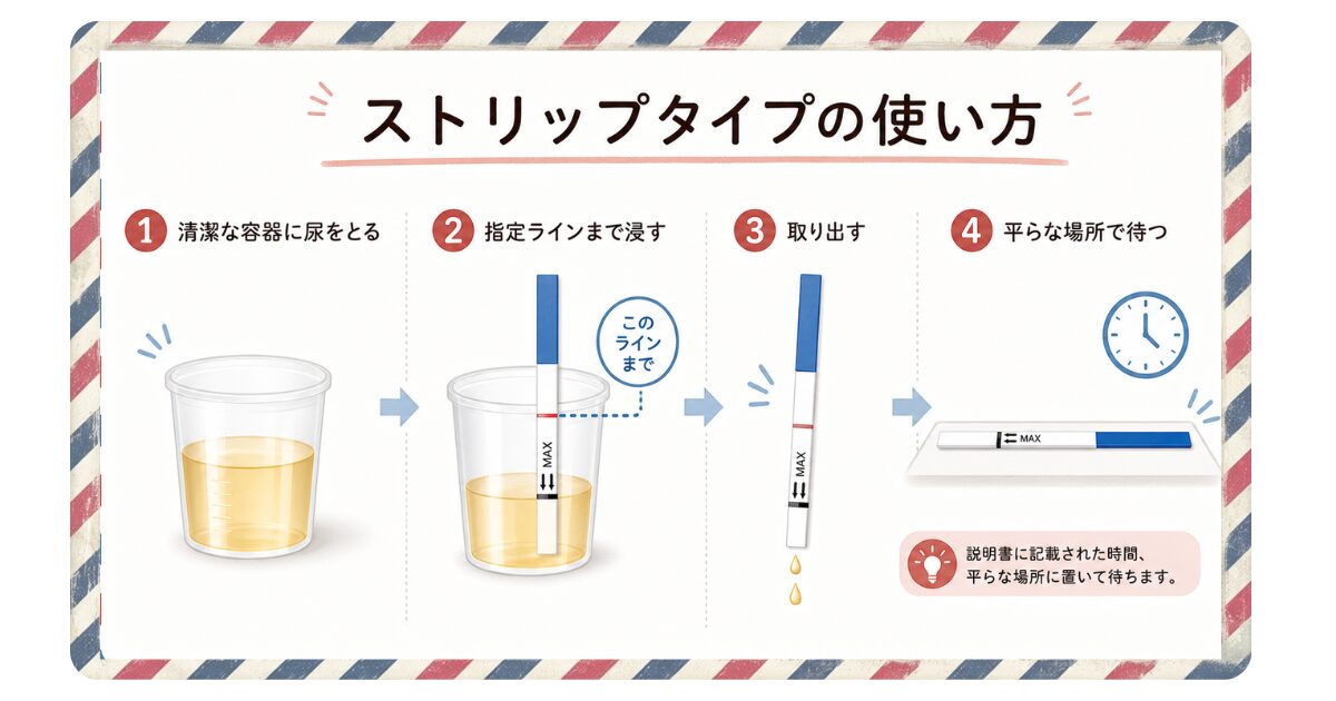 アメリカ妊娠検査薬、Strip型の使用手順 尿に浸して使用するタイプ
