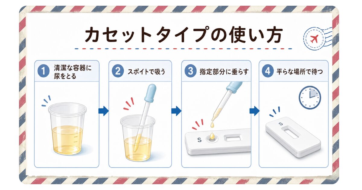 アメリカ妊娠検査薬、Cassette型の使用手順 スポイトで尿を垂らすタイプ