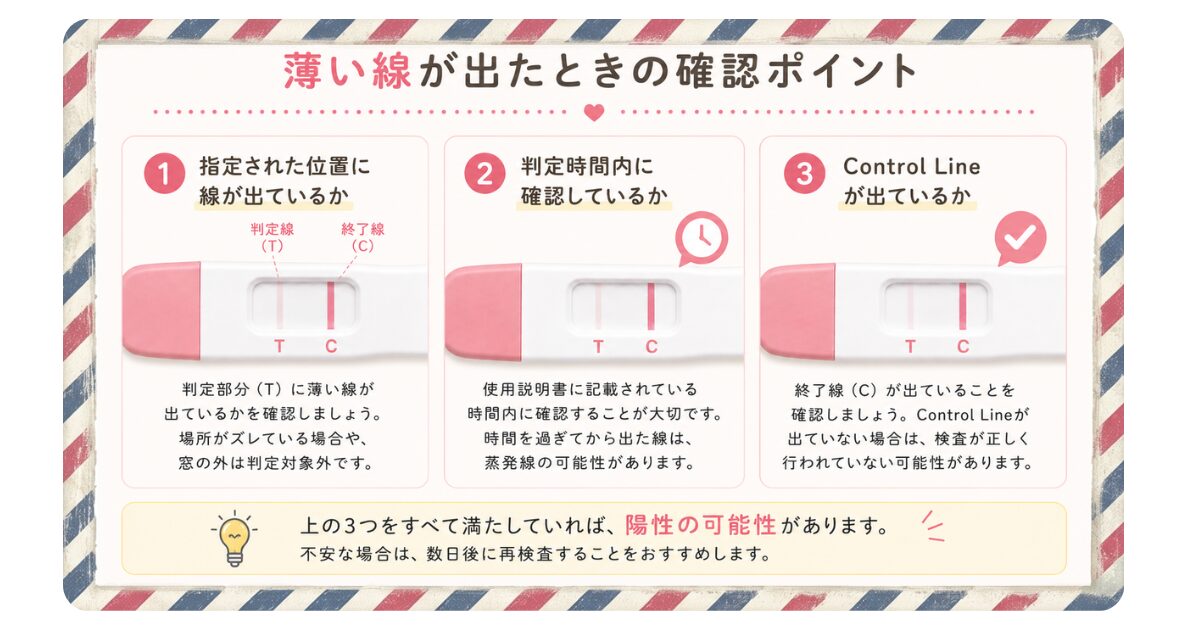 妊娠検査薬で薄い線が出た場合に確認したいポイントを説明した画像。判定位置、判定時間、終了線を確認する内容。