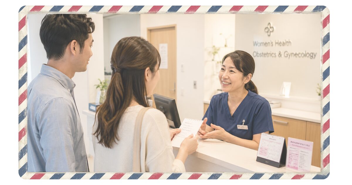 アメリカの産婦人科受付で、スタッフと話をしながらメモを確認する夫婦のイメージ