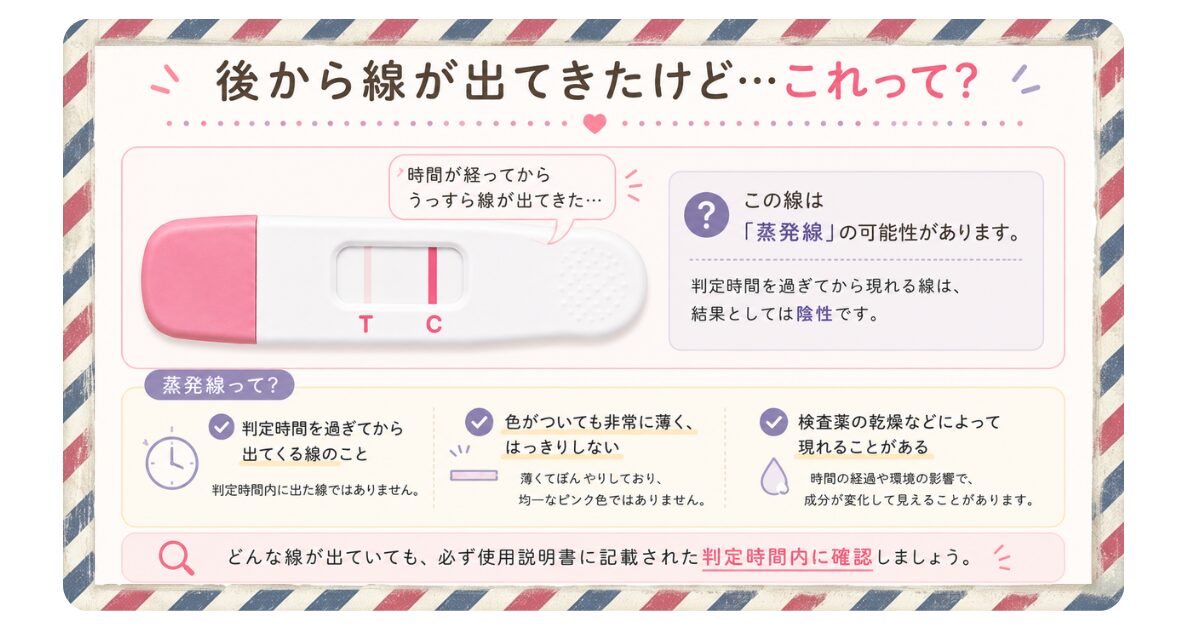 妊娠検査薬の蒸発線について解説した画像。判定時間後に現れる薄い線の特徴と見分け方を説明。